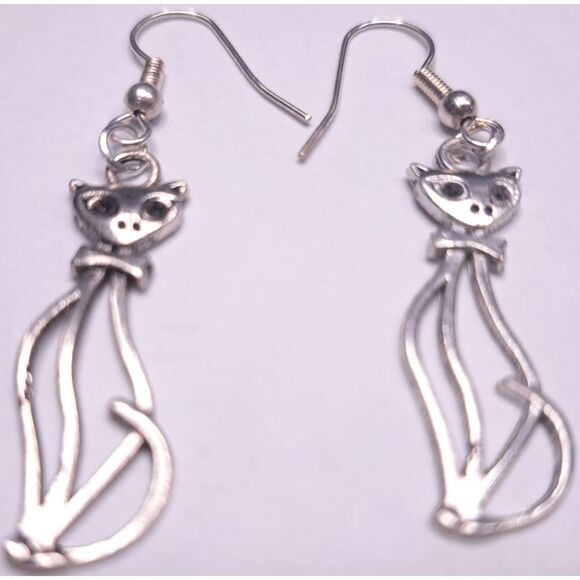 Hollow Sophisticat Tall Cat Earrings Ear Rings Silvertone Kitty Kitten Sitting - Picture 4 of 4
